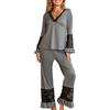 crazy bean Pigiama Donna Manica Lunga e Pantaloni in Pizzo Maglietta Scollo a V Maniche Lunghe con Volant Due Pezzi Leggero Elegante per Primavera Autunno Grigio L