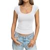 Tomwell Maglietta da donna in cotone a coste con scollo a U, maniche corte, maniche ad ali, slim fit, basic estiva Going Out Top 2026, bianco, XS