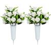 SIFOEL Fiori artificiali per cimitero con vaso, bouquet di rose artificiali commemorative per cimitero, decorazione per lapidi (bianco, 2 pezzi)