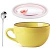 YUNXCNA Tazza da Caffè Grande, 700 ml tazza in Ceramica, Riutilizzabile Ciotola di Pasta, Tazza Grande in Ceramica, Ciotola da Zuppa in Ceramicaa Con Coperchio e Cucchiaio,per Farina D'avena, Ramen(Giallo)