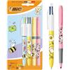 BIC Penna a Sfera a Scatto BIC 4 Colours Decors Kawaii Punta Media (1 mm) Inchiostro Colori Divertenti + penna evidenziatore BIC Highlighter Grip Décor Kawaii - Disegni Kawaii Assortiti, Confezione da 4