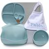 BebeDeParis Regalo ecologico personalizzato per bambini | stoviglie in silicone e bavaglino ricamato con nome + biologico | fatto a mano in Spagna (Blu | Set di Piatti + Bavaglino) | BebeDeParis