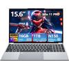 DIAKUOE PC Portatile 15,6 Pollici,13th Gen N150 Processor,16GB RAM DDR4 1TB SSD, Win 11 Pro Notebook Tastiera Retroilluminata/Sblocco con Impronta Digitale, Webcam, USB 3.0, HDMI/Wi-Fi 5 Computer Portatile