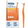 RAZOKO Set di filo interdentale riutilizzabile, 1 manico lungo arancione e 120 | Filo interdentale ad alta resistenza agli strappi, privo di PTFE e PFAS, impugnatura ergonomica antiscivolo