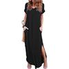 KOEMCY Abito a Camicia a Maniche Corte Abiti Lunga Estivo Donna Scollo a V Vestito Donna Elegante Gonna Lunga a Party Cocktail Clubwear Nero Largo Vestiti (Nero L)