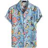 PARKLEES Camicia da uomo in cotone e lino, stile vintage anni 70, con motivo retrò, a maniche corte, con bottoni, Blu, S