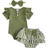 JCOPLY Vestiti estivi per neonata a maniche corte, maglia a costine, pagliaccetto e pantaloncini con gonna a strati, fascia per capelli, 3 pezzi