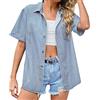 Generic Camicia estiva da donna, in jeans, a maniche corte, estiva, leggera e ariosa, a maniche corte, oversize, blu, tinta unita, estiva, Azzurro, XL