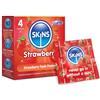 Skins Sexual Health Confezione multipla di preservativi aromatizzati alla fragola. Nessun odore di lattice e lubrificazione extra per il massimo comfort e piacere, Confezione da 4