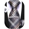 Barry.Wang - Set da uomo, con cravatta a righe a quadri in seta, pochette quadrata, fermacravatta, gemelli, 4 pezzi, stile classico, per lavoro e matrimoni, Grigio e beige.