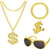Dacitiery 4 pezzi Hip Hop Constume Kit, collana con segno del dollaro anelli braccialetto discoteca collana occhiali da sole anni 60 anni '70 anni '80 accessori hip hop accessori per feste