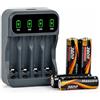 Massate 4 Batterie Ricaricabili AA 1.5V 3600mWh + Caricabatterie USB Smart 4 Slot - Kit a Lunga Durata per Controller Gaming, Telecomandi e Dispositivi Casa