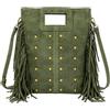 Jeamis Borsa a tracolla in pelle scamosciata con frange, Leo, Made in Italy, Modela rivetti verde oliva
