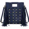 Jeamis Borsa a tracolla in pelle scamosciata con frange, Leo, Made in Italy, Modela rivetti blu scuro, 22x26x4 cm