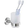WENKO 19615100 Bicchiere portaspazzolini con supporto Uno Bosio satinato, Acciaio inossidabile, 7 x 9.5 x 10.5 cm, Opaco