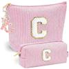 HIVTE Borsa per Trucchi Personalizzata Rosa con Portachiavi a Nappina e Farfalla, Beauty Case con Iniziale C per Ragazze e Donne
