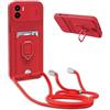 YFSYLL Cover Compatibile con Xiaomi Redmi A1 / A2 4G con Cordino,Custodia con Cordino Silicone Cover,Protezione Fotocamera,360°Anello Supporto,Porta Carte,Rosso