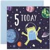 Central 23 Biglietto di auguri per 5° compleanno per ragazzi, con scritta in lingua inglese Frog Space Birthday 5, regalo per figlio, bambini, nipote, astronauta e pianeti, fornito con divertenti adesivi