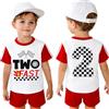 BOUTIKOME 2° compleanno, abbigliamento per bambini con auto da corsa Two Fast, abbigliamento estivo per il secondo compleanno, set da due pezzi, maglietta e pantaloncini con bandiera da corsa, Colore: rosso, 2