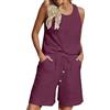 Generic Abiti da donna estivi in cotone e lino da 2 pezzi, camicie senza maniche leggere e pantaloncini bermuda a gamba larga, set coordinati set di biancheria Co Ord Plus Size Beach Travel Outfit, Rosso