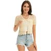Dosieyeo Cardigan da donna all'uncinetto con laccetto frontale, scollo a V, a maniche lunghe, leggero, da spiaggia, Maniche corte, beige, M