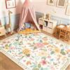 DEFYNEE Tappeto per soggiorno, 150 x 210 cm, stampa floreale vintage, lavabile in lavatrice e antiscivolo, a pelo corto, ideale per soggiorno, camera da letto e sala da pranzo, crema