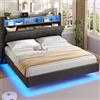AOGLLATI Letto Matrimoniale con Contenitore, Struttura Letto 180x200 cm | Letto Effetto Fluttuante con LED e Stazione di Ricarica Letto Matrimoniale Imbottito con Spazio di Stivaggio, Grigio Scuro
