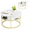 LIFEZEAL Tavolino Salotto Rotondo Sollevabile, Dorato, Oro e Bianco, Effetto di Marmo, Tavolino da Caffè, Divano, Tavolo Soggiorno, con Vano Portaoggetti, in Legno, Metallo, Ø80x49-63cm, Max 80kg