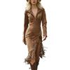 Vhersily Abito Da Donna Western Effetto Pelle Scamosciata Abito Midi Attillato Con Cerniera e Frange Vestito Sexy Da Cowgirl Per Feste A Tema Cerimonia Cocktail Nozze Festa, per Carnevale, Halloween