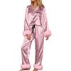 Vhersily 2026 Pigiama Da Donna In Raso Con Orlo In Piuma A Maniche Lunghe Con Bottoni e Polsini Con Piume, Abbigliamento Da Casa Di Seta Loungewear Pigiami da Notte Regalo Natalizia Capodanno