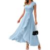 Onsoyours Vestito Donna Elegante in Pizzo Chiffon Scollo a V Abito Maniche Corte Abiti Lungo con Volant da Sera Cerimonia A Azzurro XXL