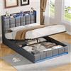 BSCFHCZ Letto Contenitore 140x200 Matrimoniale Francese con Sollevamento Idraulico, Testiera Imbottita a Ala con Scaffale, LED e Porte USB/Type-C, Letto Moderno in Lino Grigio, Salvaspazio, Nessun materasso