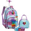 Egchescebo Carrello Porta Zaino Trolley Scuola Media Elementare Astuccio Bambina Trolley Ragazza con Ruote per Lunch Box,3PCS Borsa a Rotelle per Ragazze Color Arcobaleno con Giocattoli a Sirena