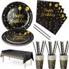 Nkaiso 121 Pcs Nero Oro Stoviglie per feste di Compleanno -24 Ospiti