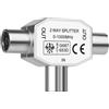 AXFEE Distributore antenna a 2 vie per TV, 1 spina a 2 prese, adattatore a T, alloggiamento in metallo, accoppiamento coassiale per TV digitale e cavo TV, colore: argento