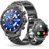 OHUGNA Smart Watch rotondo HD 1,54 pollici oro blu Smart Watch da uomo, molteplici modalità sportive, chiamate vocali Bluetooth, disponibile per iOS e Android (tutto cinturino in acciaio nero)