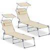 SONGMICS Set da 2 Sedie a Sdraio Pieghevoli, 189 x 53 x 28,5 cm, con Cusicni, Lettini Prendisole, Portata 110 kg Ciascuno, Parasole e Schienale Regolabili, per Terrazza e Balcone, Beige GCB292WZ02