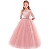 MYRISAM Vestito per Ragazze Abiti Damigella Manica 3/4 Principessa Abiti Lungo Tulle Pizzo Cerimonia Compleanno Battesimo Natale Halloween Cocktail Rosa 3