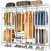 Fuyoula Stand Appendiabiti in Metallo，Armadio, Guardaroba, Appendiabiti, Stand Appendiabiti regolabile e Multifunzionale con Ruote Aste, Ripiani Portaoggetti,Bianco,193 * 40 * 192cm