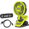RYOBI RCF4-120G, Ventilatore Portatile a Pinza, Girevole a 180° e Rotante a 360°, Silenzioso, per Superfici Fino a 32mm, Ø 9cm, 1 Batteria da 2,0Ah Inclusa Ricaricabile con USB-C