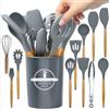 KRUMAD Set di utensili da cucina in silicone, 11 pezzi, utensili da cucina con manici in legno, posate da cucina nel contenitore, cucchiaio da cucina, spatola, utensile da cucina grigio, utensili da