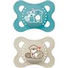 MAM Ciucci originali, 0-6 mesi, confezione da 2, forniti in custodia per sterilizzatore, materiali sostenibili, accessori per bambini per neonati, colore: blu/crema (vari motivi)