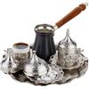 DEMMEX Set da Caffè Turco da 12 Pezzi con Cezve in Rame - Tazzine, Portatazze, Piattini, Zuccheriera e Vassoio - Elegante Set Artigianale per 2 Persone, Argento