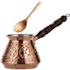 DEMMEX Cezve Turca in Rame Massiccio, Ibrik Arabo Greco, Pentolino per Caffè Stovetop con Manico in Legno e Cucchiaino, Fatto a Mano in Turchia, 450ml (Inciso)