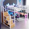 BLUON HOME Letto a soppalco, letto matrimoniale, 140 x 200 cm, luce ambiente telecomandata, scala, scrivania, armadio, scaffale, senza materasso, bianco