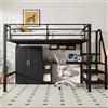 BLUON HOME Letto a soppalco, letto matrimoniale, 140 x 200 cm, armadio, scaffali, scaletta, scrivania, senza materasso, nero