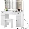 TUKAILAI Toeletta con Luci LED Regolabile, Tavolo da Toeletta Moderno con Specchio e Sgabello Imbottito, Postazione Make-up con 3 Cassettis e 2 Armadietto, Toeletta Trucco Angolare Bianca 117*40*135cm
