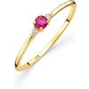 Orovi Anello da donna in oro con zaffiro/ametista/rubino/smeraldo/topazio e 2 diamanti 0,03 ct, anello trilogia, anello di fidanzamento, gemma, oro giallo 9 carati (375), 52 mm, Oro, Rubino