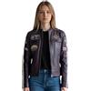 Infinity Leather Giacca da motociclista da donna in pelle color prugna, stile retrò, con cerniera e stemmi da corsa.