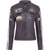 Infinity Leather Giacca da motociclista da donna in pelle color prugna, stile retrò, con cerniera e stemmi da corsa.